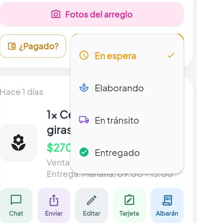 Estados de pedido en la app de tusflores